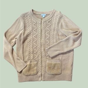Charter Club Beige Zip Front Sweater Women’s XL Textured Knit Pockets